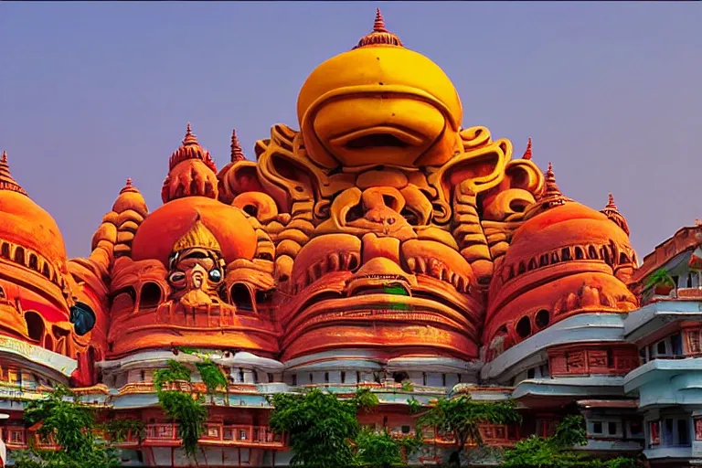 Image similar to gorgeous dreamscape! biomorphic new delhi, hanuman!! head building, kalighat, octane highly detailed cinematic, stephen shore & john j. park, soft morning light, wide shot, high angle, uhd 8 k, deep focus