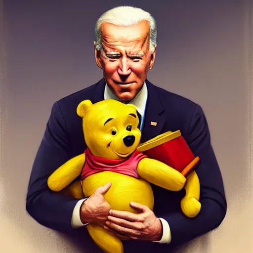 Image similar to Joe Biden holding Winnie the Pooh. Highly detailed painting Greg rutkowski. Good clear quality, high detail, octagon render 8k