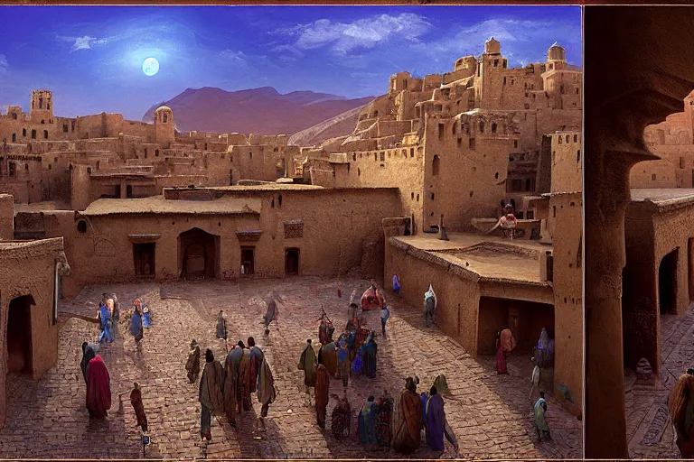 Prompt: in the middle of a adobe house kasbah town, mud and brick houses, merchant street, pueblo dense architecture, narrow streets, colorful crowd. Huge persian temple in the background with round roof, big door. Scenic view at night, underexposed, clean horizon, matte painting by craig mullins and Anato_Finnstark, dark fantasy, style of game of thrones, concept art trending on artstation, 4k, insane details