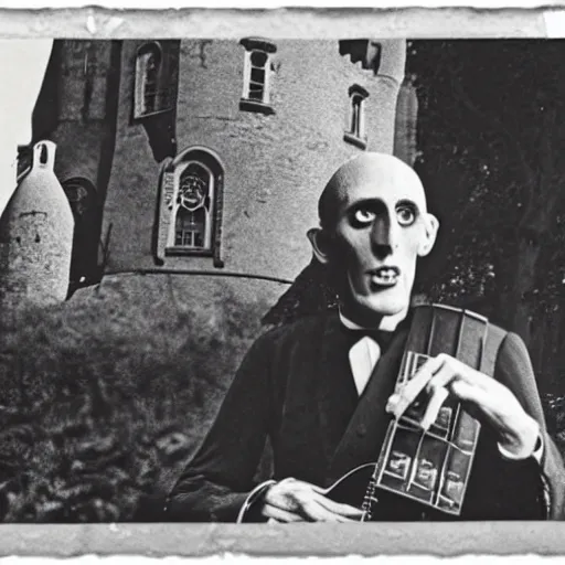 Image similar to vintage photograph of count orlok outside his castle, playing the blues on guitar, castle in the background, 4 k