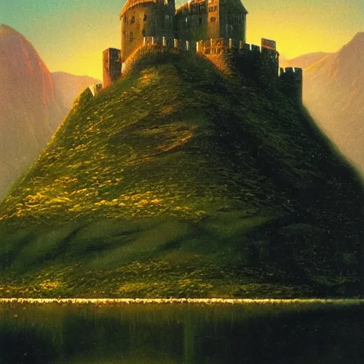 Image similar to fortress on a hill in a lake at night, Darrell k sweet