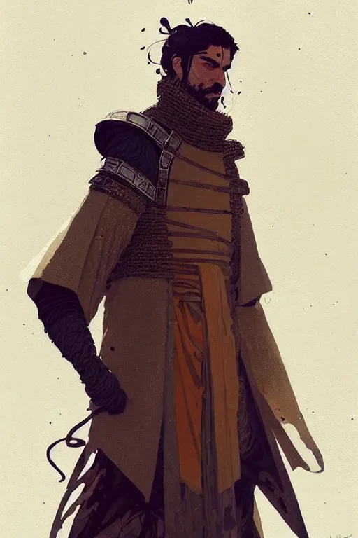 Image similar to an ultradetailed painting of a ancient man wearing a medieval coat designed by alexander mcqueen by conrad roset, greg rutkowski and makoto shinkai trending on artstation