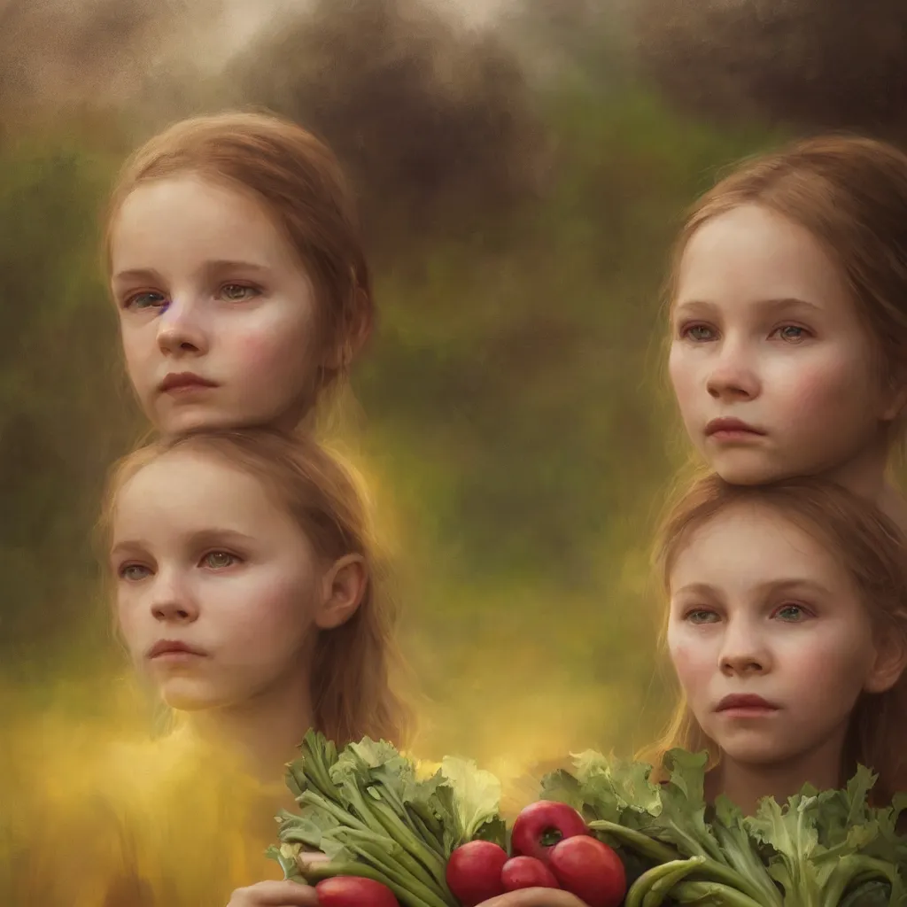 Image similar to Beautiful aesthetically pleasing single female child portrait, face centered portrait, ((only one face)) Confident holding vegetables, lush farm lands, fog, volumetric lighting beautiful, golden hour, sharp focus, ultra detailed, conceptartworld by Leesha Hannigan, Ross Tran, Thierry Doizon, Kai Carpenter, Ignacio Fernández Ríos