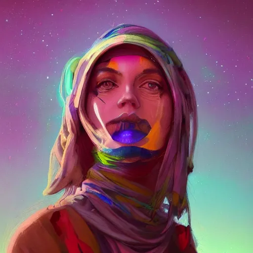 Image similar to colorful character portrait of a woman in a dark desert lit by the stars, wispy smoke, highly detailed face, very intricate, symmetrical, cinematic lighting, award - winning epic painting, painted by mandy jurgens, pan futurism, dystopian, bold colors, dark vibes, cyberpunk, groovy vibe, anime aesthetic, featured on artstation