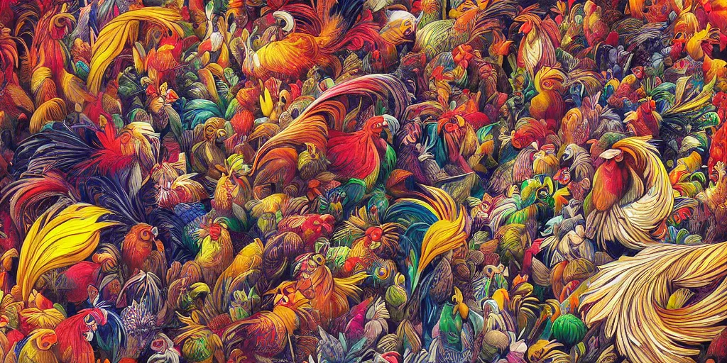 Image similar to colorful illustration of a million fighting roosters, mix of styles, collage of styles, abstract, surreal, intricate, highly detailed, dark color scheme, golden ratio