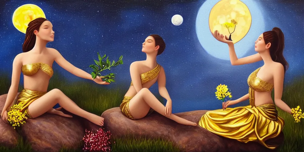 Prompt: very realistic beautiful painting of a goddess wearing a short metallic golden skirt covering her whole body holding flowers and levitating a pear, sun on the left moon on the right as she is sitting on a rock at night time, realistic 8K HD