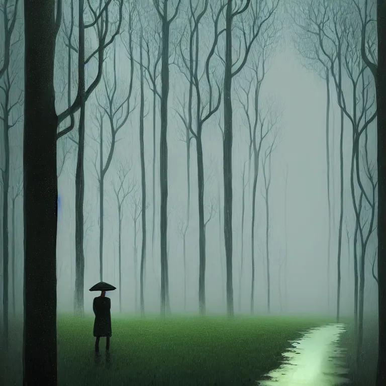 Image similar to Gediminas Pranckevicius painting of a person standing in the rain surrounded by trees, a digital rendering by Eyvind Earle, deviantart, digital art, matte drawing, deviantart, soft mist