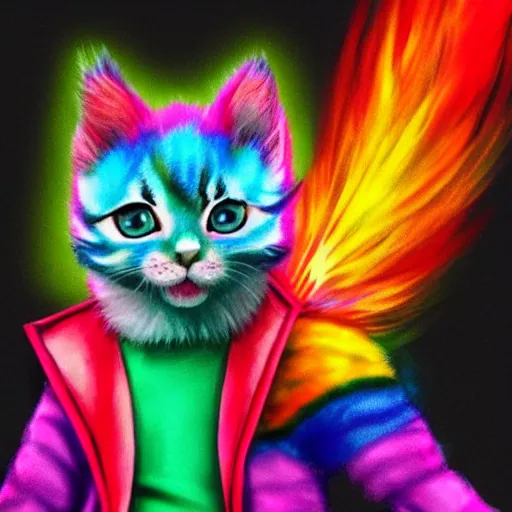 Image similar to wide angle full body, jacket wearing fluffy cute rainbow kitten wearing a black leather motorcycle jacket, concept art