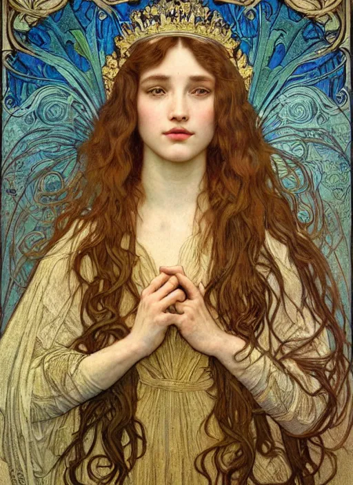Image similar to detailed realistic beautiful young medieval queen face portrait by jean delville, alphonse mucha, vincent van gogh, and marco mazzoni, art nouveau, symbolist, visionary, gothic, pre - raphaelite