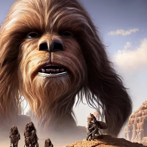 Prompt: warren buffet as a wookie from star wars riding a camel with han solo, ultra realistic, concept art, intricate details, eerie, haunting, highly detailed, photorealistic, octane render, 8 k, unreal engine. art by artgerm and greg rutkowski and charlie bowater and magali villeneuve and alphonse mucha