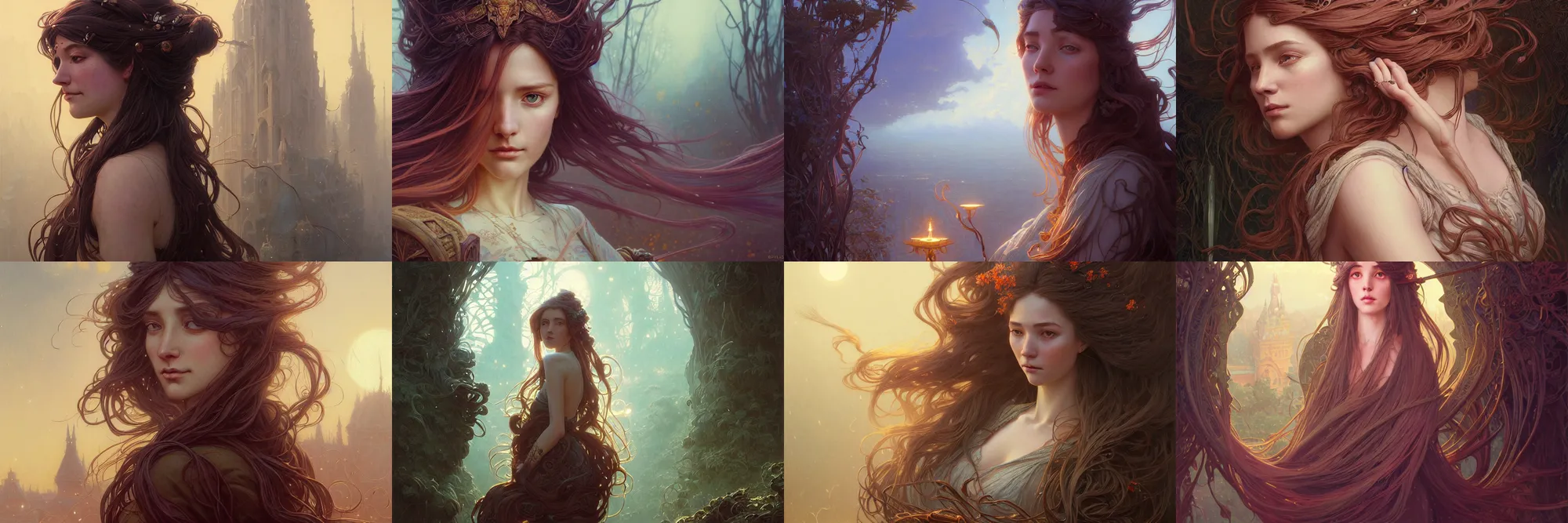 Image similar to highly detailed portrait of a woman with long hairs, stephen bliss, unreal engine, fantasy art by greg rutkowski, art nouveau, loish, rhads, ferdinand knab, makoto shinkai and lois van baarle, ilya kuvshinov, rossdraws, tom bagshaw, alphonse mucha, global illumination, radiant light, detailed and intricate environment