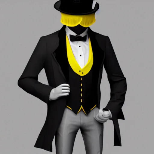 Image similar to a highly detailed portrait of a man in a high top hat covering his face, in a black tailcoat with a yellow waistcoat under the tailcoat, artstation, deviantart, professional, unreal engine 5, photorealistic