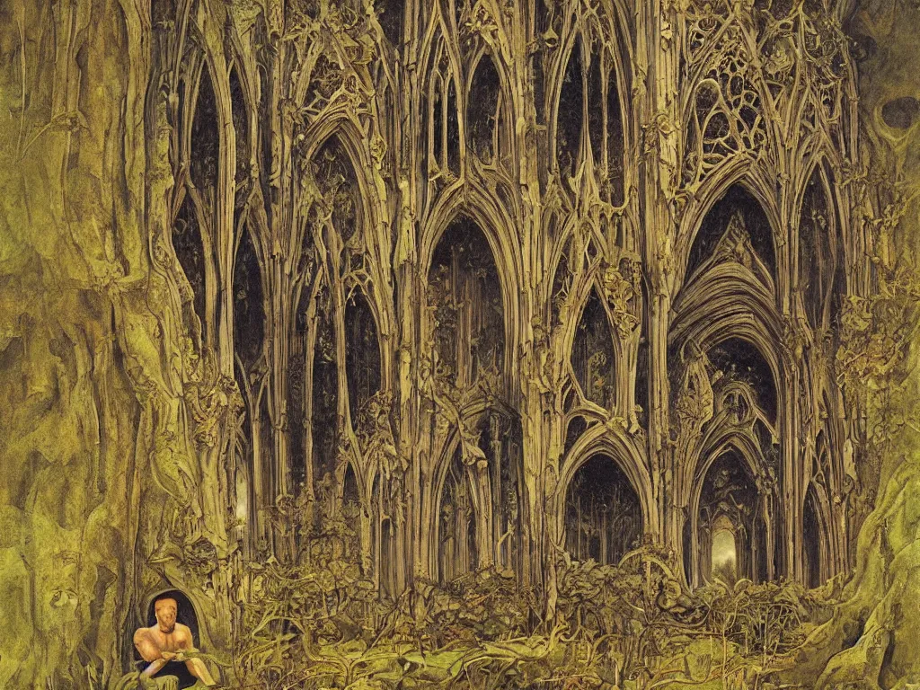 Image similar to Ruined gothic cathedral on Mars. Ivy, carnivorous plants. Cloak covered man on his knees. Painting by Lucas Cranach, Moebius, Roger Dean