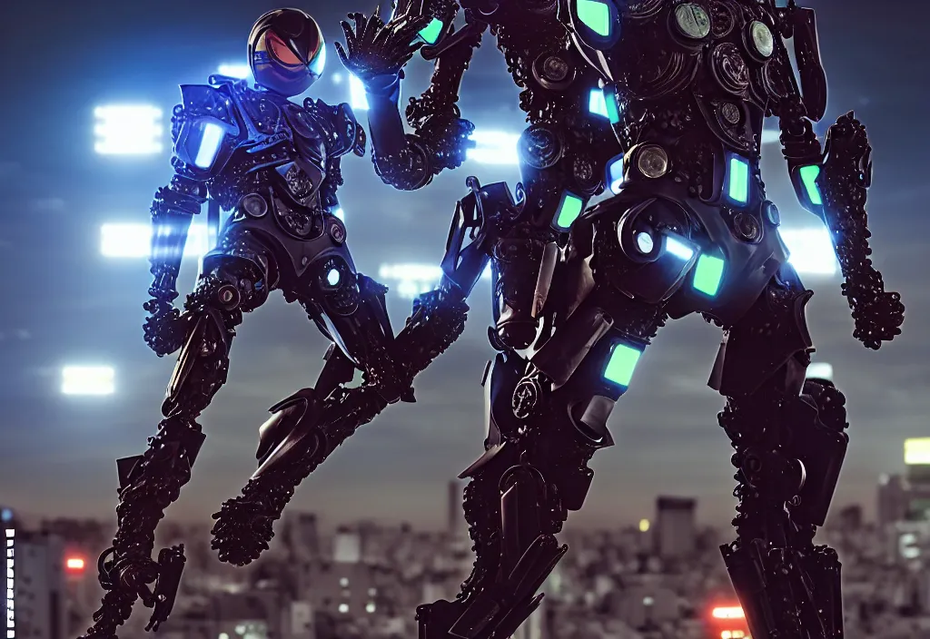 Image similar to mech belted kamen rider hero action pose, human structure concept art, human anatomy, full body hero, intricate detail, hyperrealistic art and illustration by a. k. a limha lekan a. k. a maxx soul and alexandre ferra, global illumination, blurry and sharp focus, on future tokyo night rooftop, frostbite engine