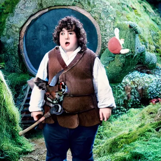 Image similar to chubby british lad as Bartook a teen hobbit with short curly dark brown hair wearing a blue vest with a white sash standing next to a giant rabbit, high resolution film still, movie by Peter Jackson