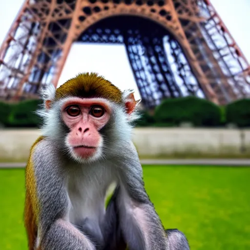 Image similar to high quality portrait of a monkey in front of eiffel tower, studio photograph, photograph, realistic photo, 8k photo, 4k photo, stock photo, high resolution, cinematic shot, high detail