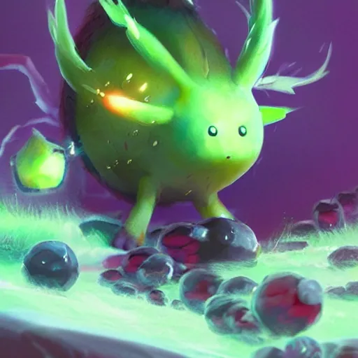 Image similar to a cute berry type pokemon, green feathers bursting out of his hair, highly detailed digital art, 3 d perspective, award - winning illustration, aesthetic, smooth, pokemon style, made by greg rutkowski, in an alien landscape