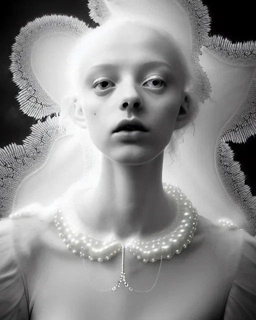 Image similar to dreamy foggy soft luminous bw art photo taken in 2 1 0 0, beautiful spiritual angelic biomechanical mandelbrot fractal albino girl cyborg with a porcelain profile face, very long neck, halo, white smoke atmosphere, rim light, big leaves and stems, fine foliage lace, alexander mcqueen, art nouveau fashion pearl embroidered collar, steampunk, elegant