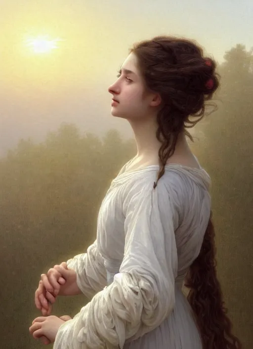 Image similar to oil painting close up portrait of a contemplative young provencale woman with long dark flowing hair in a dress made of white roses!! at sunset, hazy, digital art, chiaroscuro, artstation, cinematic, golden hour, digital art painting by greg rutkowski, william - adolphe bouguereau, hazy atmosphere, cinematic lighting