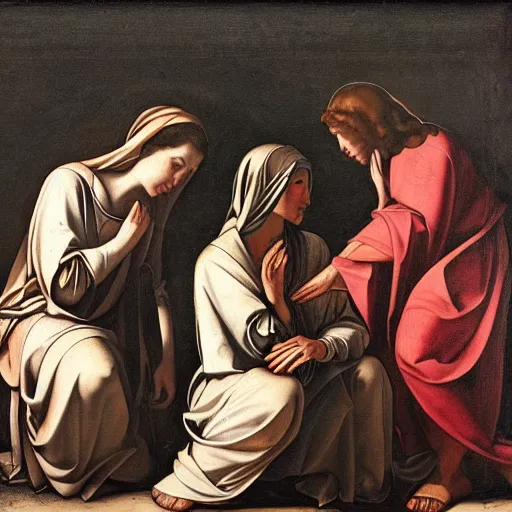 Image similar to 1 7 th century biblical painting of 3 women mourning at the tomb of jesus, 2 angels, style of caravaggio,