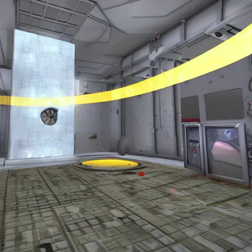 Prompt: test chamber involving pizza in portal 2, in game screenshot