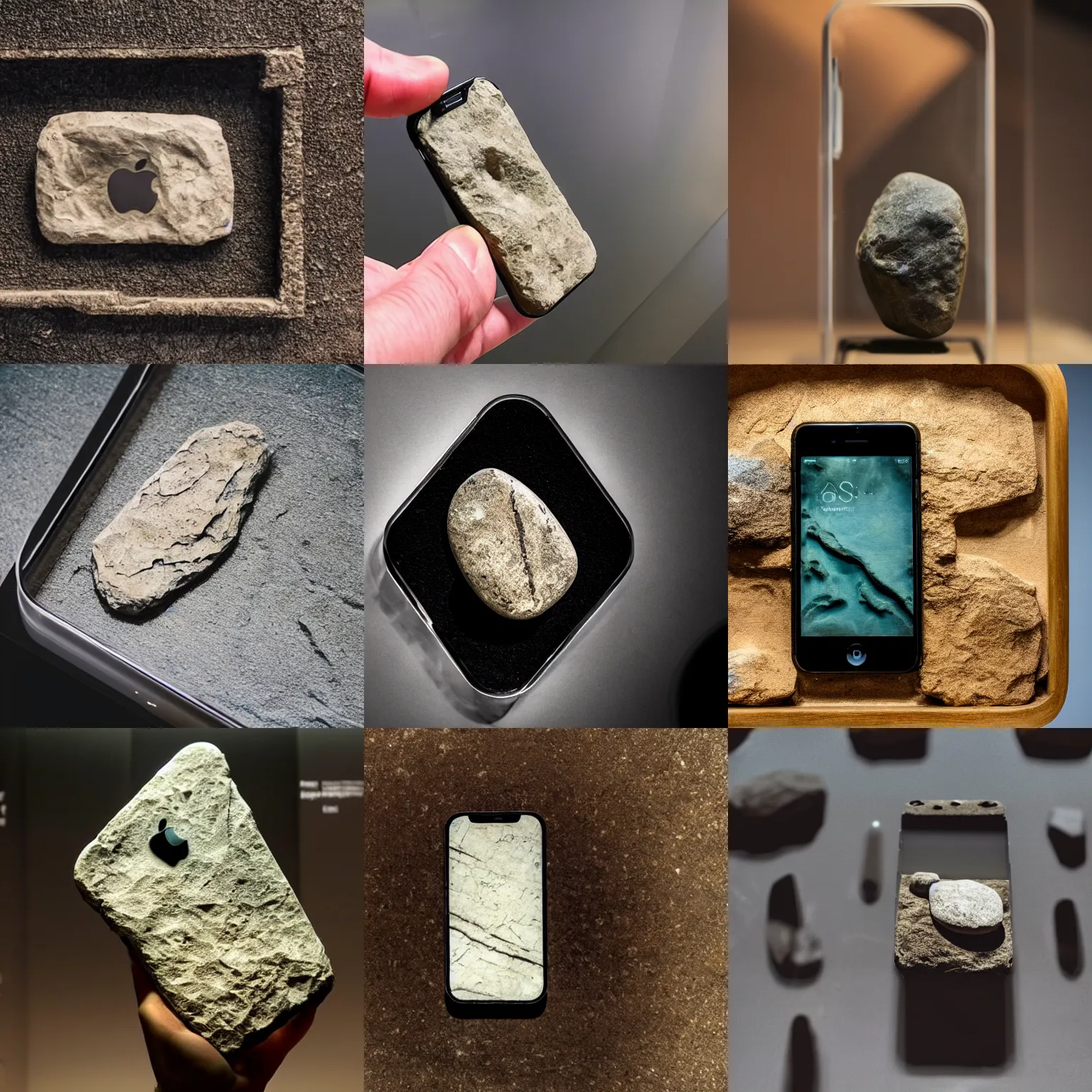 Prompt: fossil of a stone iphone from the year 1 5 0 0 bc placed in an ancient history museum inside a glass box, 4 k, real, archeological exhibit, shot from afar