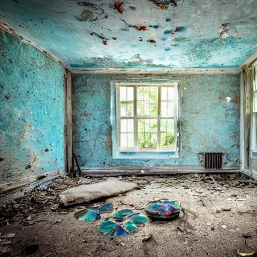 Image similar to abandoned cottage interior filled with iridescent jellyfish