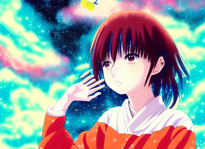 Image similar to anime portrait of a young girl floating inside a nebula, outlined,masakazu katsura, tsuruta kenji, murata range,kawaii, kyoto animation, manga, intricate, detailed, studio lighting, orange red black white, gradation,editorial illustration, matte print, Ilya Kuvshinov