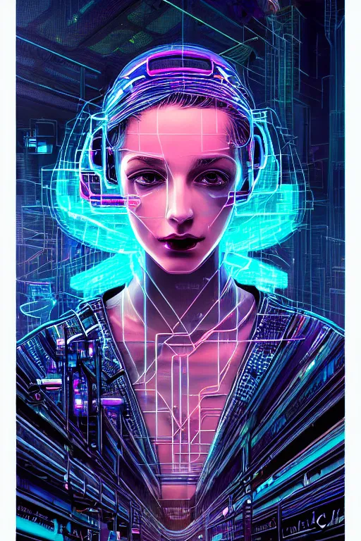 Image similar to dreamy cyberpunk girl, abstract smoke neon, digital nodes, computer network, beautiful woman, detailed acrylic, grunge, intricate complexity, by dan mumford and by alberto giacometti, arthur rackham