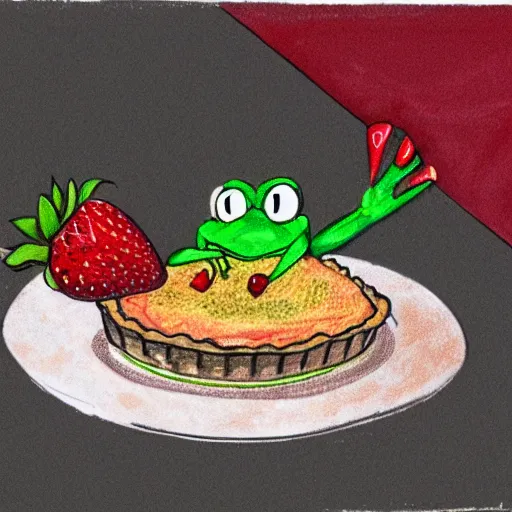 Prompt: sketch of a frog eating a strawberry pie,