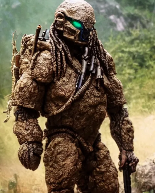 Prompt: cinematic, 4 k, full body portrait, rock golem as a soldier, on break smoking a cigarette, still from the movie predator