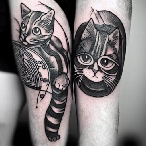 Image similar to two cats holding each other's tail, circle design, tattoo design, inking on skin, designed by Android Jones