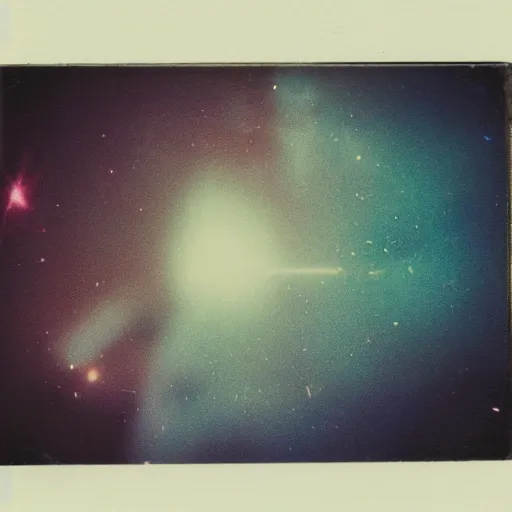 Image similar to aged polaroid photo of deep space, galaxies visible, film grain, red color bleed