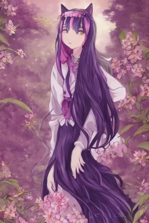 Prompt: young beautiful fantasy nekomimi girl with long flowing purpure hair and cat ears by Hayao Miyazaki Studio Ghibli, anime catgirl, artwork by ROSSDRAWS, face with harmonious human features , watercolor, golden ratio, elegant, ornate, pink flowers, victorian wallpaper, character concept, octane, digital painting, rule of thirds, trending on artstation, high quality print, fine art with subtle redshift rendering