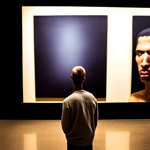 Image similar to A man staring at a painting of himself staring back. Modern art gallery. Wide angle. Photorealistic. Dramatic lighting. Award winning photography. 35mm photograph.