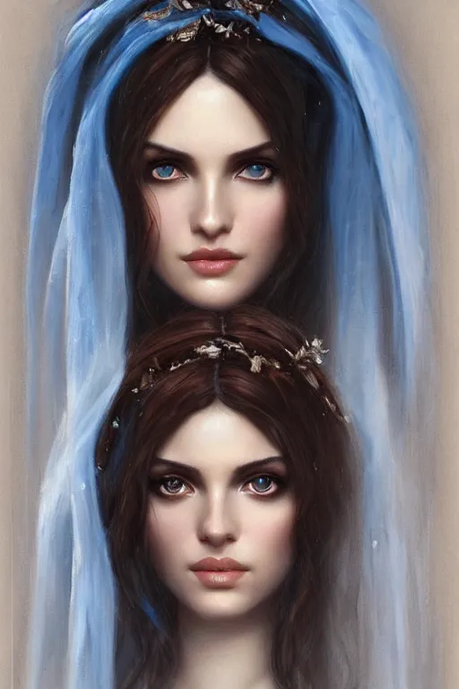 Image similar to brown ameera al taweel, bright blue eyes, long wavy black hair, white veil, front closeup, cinnamon #b57e59 skin color, elegant, highly detailed, centered, oil painting, artstation, concept art by tom bagshaw