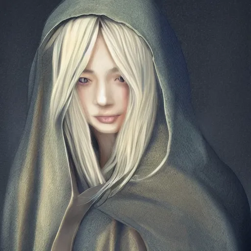 Prompt: a beautiful woman wearing a cloak, blonde, long hair, pixiv, hyperrealistic