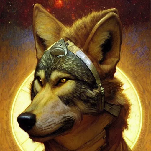 Image similar to a portrait of a wolf dogman canine star trek chief engineer. highly detailed painting by gaston bussiere craig mullins jc leyendecker gustav klimt artgerm greg rutkowski alphonse mucha furry