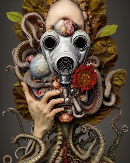 Prompt: a biomorphic portrait with with large eyes, expressive, wearing a botanical gas mask, baroque painting by ayami kojima, mark ryden, arcimboldo, cephalopod human, mixed media 3 d collage, focus on head, soft light, 4 k, octane high quality render