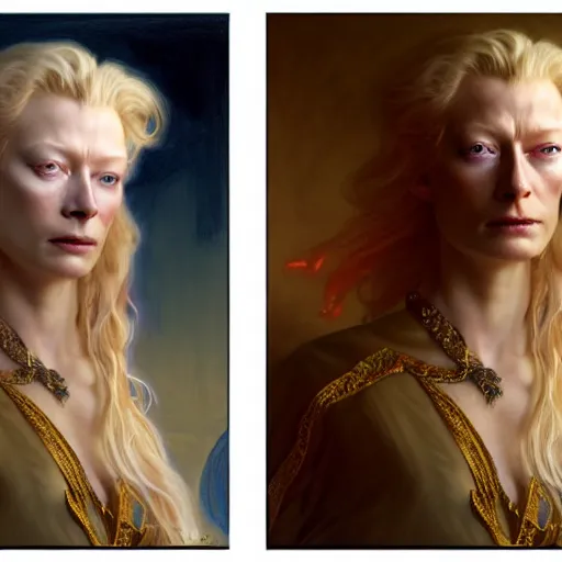 Image similar to young adult tilda swinton as lucifer morningstar, long blond hair, natural lighting, path traced, highly detailed, high quality, digital painting, by gaston bussiere, craig mullins, alphonse mucha j. c. leyendecker