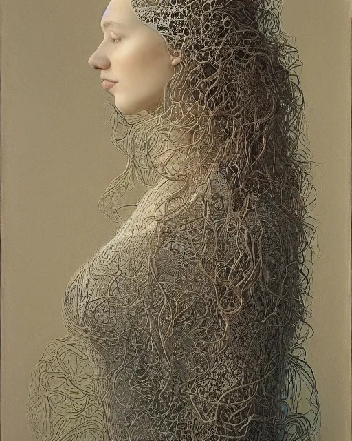 Image similar to a woman's face in profile, long flowing hair entwined in a coral reef, made of intricate decorative lace leaf, in the style of the dutch masters and gregory crewdson, dark and moody