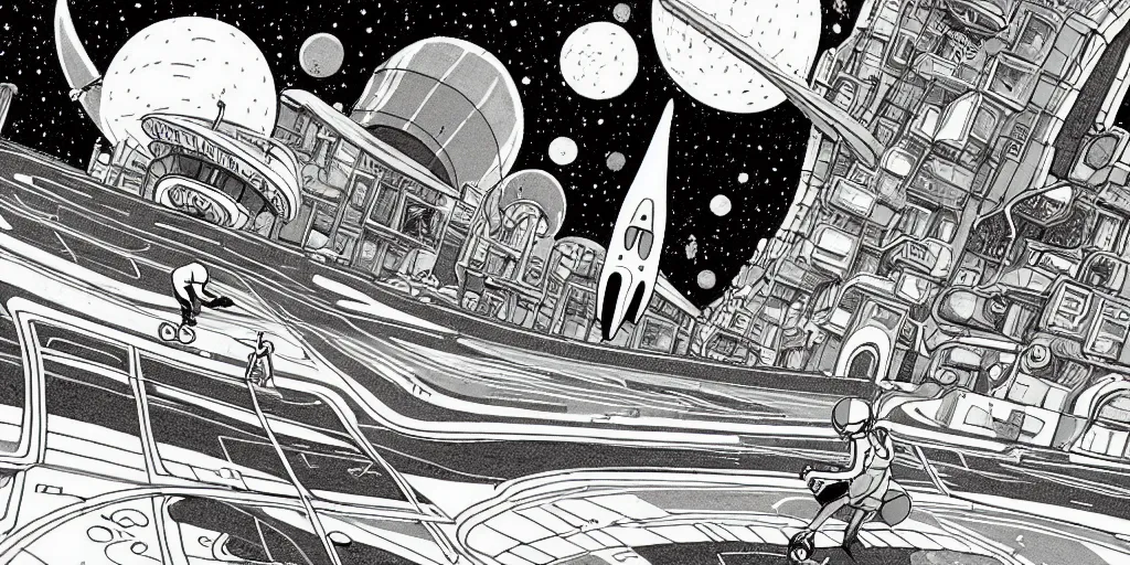 Prompt: traditional drawn colorful animation a solo skateboarder, futuristic city street, space station planet afar, planet surface, ground, rocket launcher, outer worlds, hyper contrast well drawn, in Metal Hurlant, in Pilote, in Pif, by Jean Henri Gaston Giraud animation film The Masters of Time FANTASTIC PLANET La planète sauvage animation by René Laloux