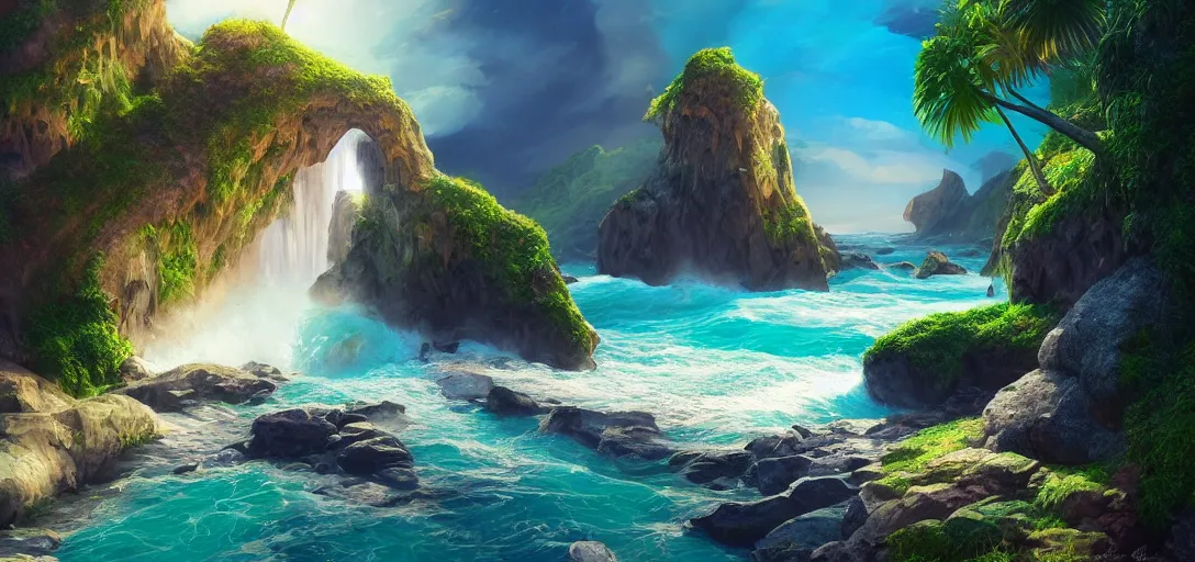 Prompt: beautiful view of a fantasy beach waterfall, giant thin stone semicircle arch structures, waves, caustics, symmetry, dramatic lighting, ultra detailed, sharp, ambient occlusion, bloom, raytracing, vibrant, vivid colors, picturesque, by dylan cole and jordan grimmer