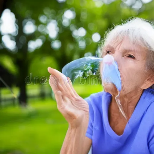 Image similar to an older woman sitting in a park wearing a thin translucent oxygen line under her nose, 4 k, stock photo
