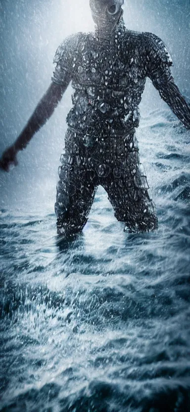 Prompt: suit of armor made of liquid, rising up from lake, water armor, norway fjord, medium close up portrait, water armor, studio lighting, stormy seas, beautiful, bokeh, snowy, storm clouds, god rays, d & d, fantasy, elegant, low key color palette, concept art, roger deakins and greg rutkowski and alphonse mucha