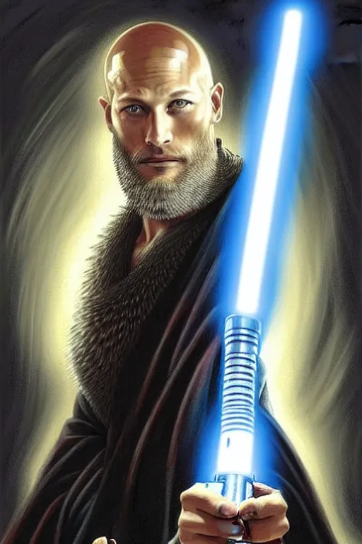 Prompt: bald Travis Fimmel with a long shaggy beard as a Jedi Master, holding a lightsaber, looking at the viewer, detailed face, high contrast, highly detailed, digital painting, sharp focus, trending on artstation, concept art, illustration, art by greg hildebrandt and clayton crain