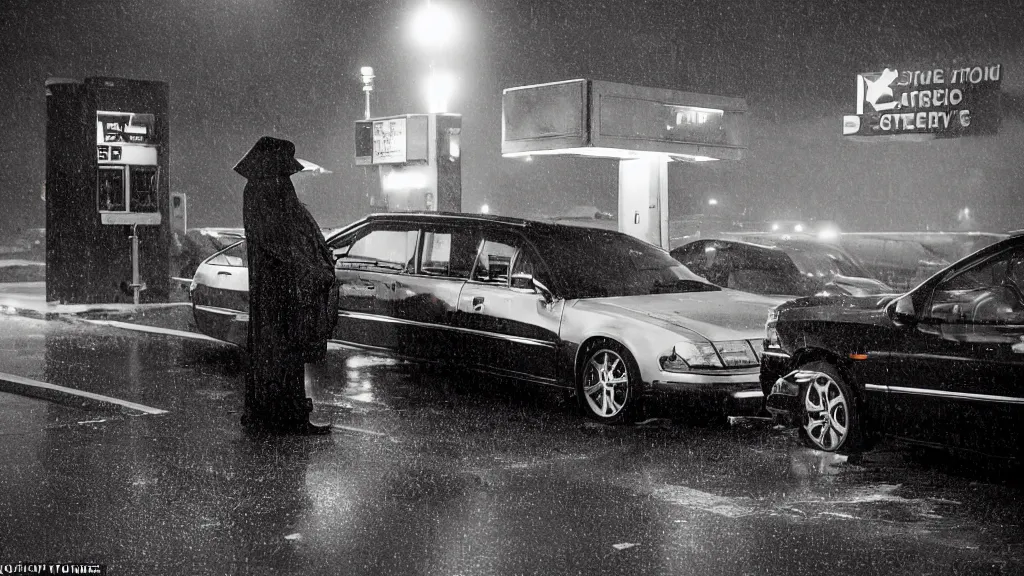 Prompt: late night at a gas station, rain pouring down, a man stands outside pumping gas into his car, a hearse is next to his car, he glances over and sees bright red eyes glaring from the driver ’ s seat