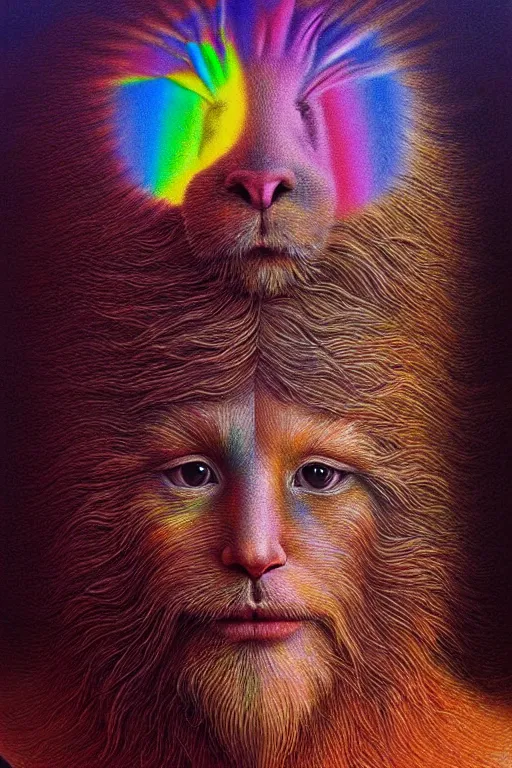 Image similar to hyperrealistic close-up Renaissance psychedelic!! god happy fluffy kind! creature!! peaceful! kind spirit of nature highly detailed concept art eric zener elson peter cinematic hard rainbow lighting high angle hd 8k sharp shallow depth of field, inspired by Zdzisław Beksiński