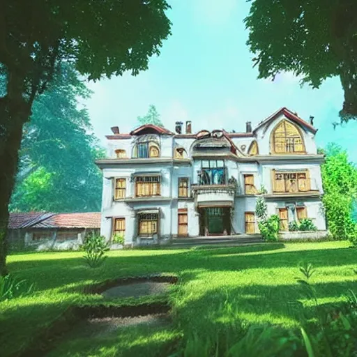 Image similar to beautiful old mansion surrounded by lushwoods in style of ghibli