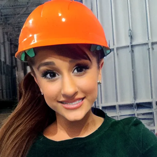 Image similar to photo, close up, ariana grande in a hi vis vest, in warehouse, android cameraphone, 2 6 mm,